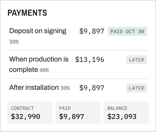 Client page, example: three payments of 30, 40 and 30 percent with the balance