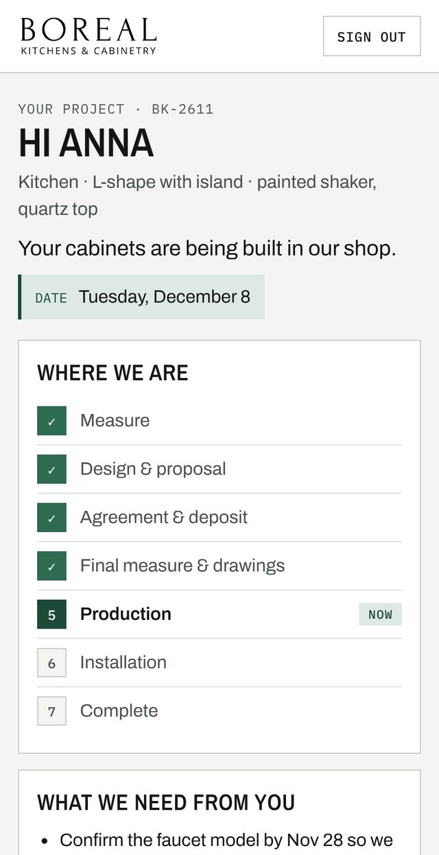 Client page, example: project status with the steps measure, design, agreement, final measure, production, installation, complete